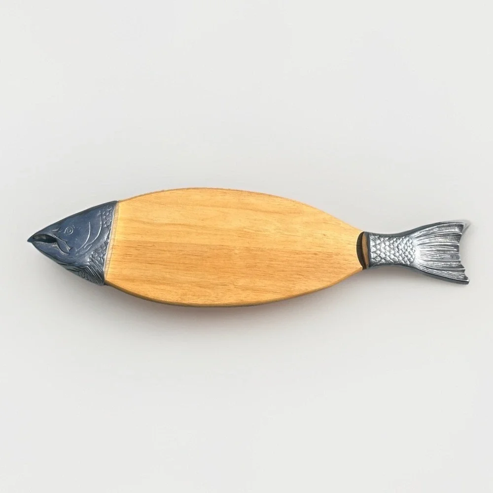 Vintage‎ Salmon Fish Wood And Pewter Cutting Board Charcuterie Serving Tray 26